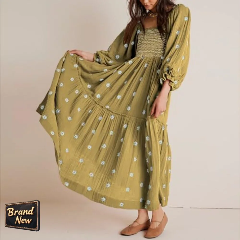 Long Sleeve Embroidered Maxi Dress, Cotton, Floor Length, Square Neck